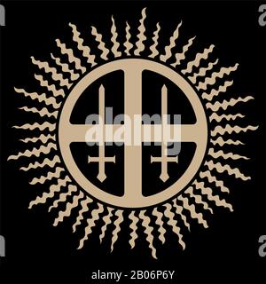 Solar cross and two swords, vintage illustration Stock Vector