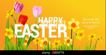Blooming daffodils on yellow background. Spring nature illustration with place for text. Stock Vector