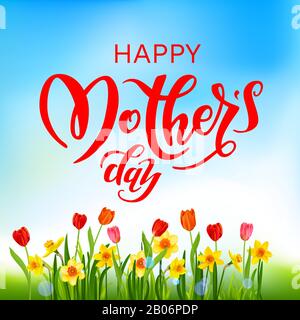 Blooming daffodils, tullips and blue sky Stock Vector