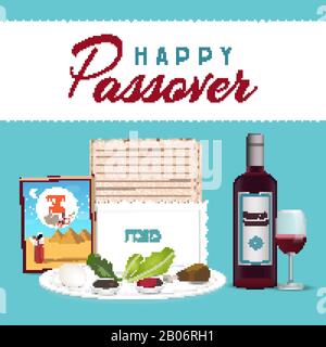 Happy Passover in hebrew Jewish holiday banner tamplate with wine, seder plate, matzo Stock Vector