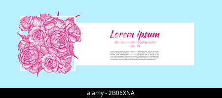 Banner with blooming roses on a blue background. With place for text. Card for congratulations and messages. Vector illustration. Stock Vector
