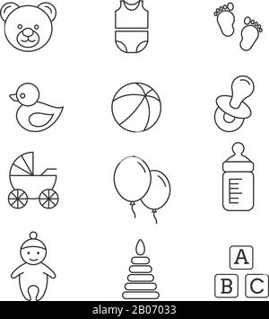 Baby toys and care vector thin line icons. Newborn and bottle of milk illustration Stock Vector