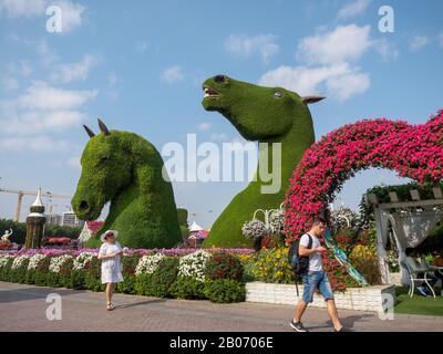 Dubai, United Arab Emirates - December 11 2019.  Horse sculpture made of greenery inside Miracle Garden in Dubai, United Arab emirates. Stock Photo