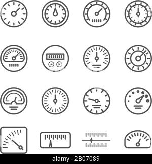 Meter manometers speed clock measure line vector icons. Indicator pressure and speedometer illustration Stock Vector