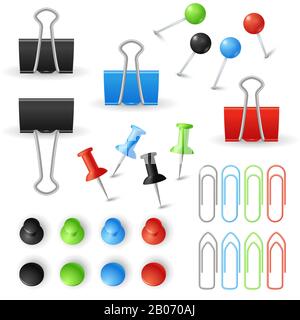 Paper clips, binders and pins vector set. Stationery tools for office work with documents illustration Stock Vector