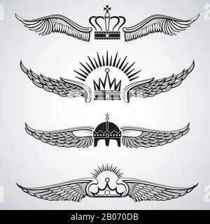 Wings with crowns vector emblems. Set of decorative tattoo illustration Stock Vector