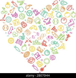 Healthy lifestyle fitness modern logo in heart shape with fitness thin line icons. Active sport and proper nutrition. Vector illustration Stock Vector