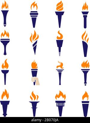 Fire torch victory championship flame flat vector icons. Set of torch symbols Stock Vector
