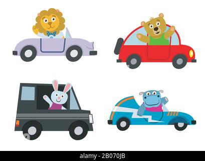 Kids cars transport with cute cartoon animals vector set. Characters lion and hippo drive automobile illustration Stock Vector