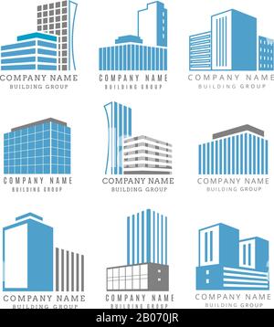 Real estate, construction business logo set with vector buildings icon. Skyscraper house for office, building group illustration Stock Vector