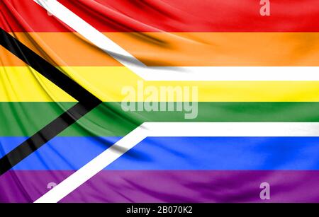 Realistic flag of Gay pride Flag of South Africa on the wavy surface of ...