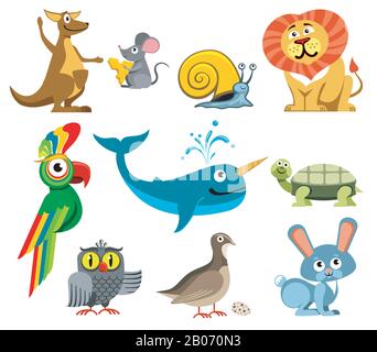 Cute animals vector set in cartoon style. Turtle and snail, kangaroos and parrot illustration Stock Vector