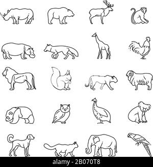 Animals thin line vector icons. Giraffe and tiger, sheep and koala in linear style illustration Stock Vector