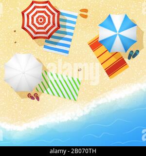 Aerial view of sea sand beach with towels and umbrellas. Concept summertime leisure in resort, vector illustration Stock Vector