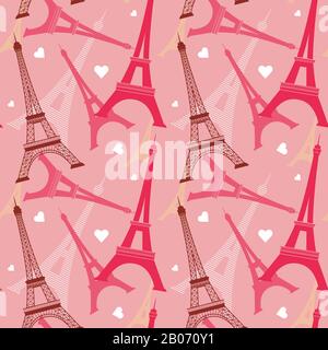 Seamless vector pattern with eiffel tower. Romantic background with white hearts illustation Stock Vector