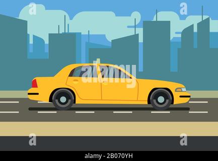 Yellow car taxi cab in cityscape vector illustration. Transportation service on road Stock Vector