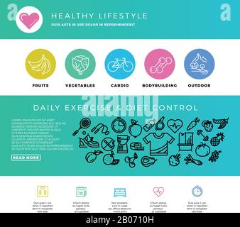 Fitness, gym, cardio, healthy lifestyle, health food, web design template with thin line icons. Bodybuilding and outdoor cardio training. Vector illustration Stock Vector