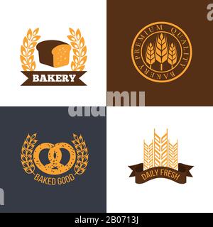 Vector bakery and bread shop logos with wheat ears. Set of labels and badges for market with fresh bakery Stock Vector