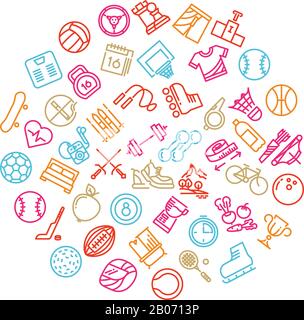Sport tools line icons in circle design. Trendy outline fitness logo. Basketball football and chess, vector illustration Stock Vector