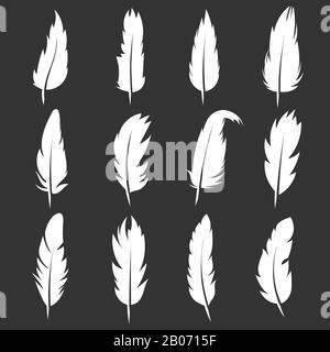 Vector feather vintage pens on black background. White quill silhouette for writing illustration Stock Vector