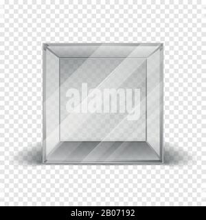 Empty clean glass box cube showcase isolated on checkered background. Mock up clean frame for gallery. Vector illustration Stock Vector