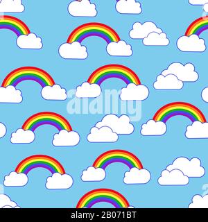 Sky clouds and rainbow seamless vector pattern. Fairy background illustration Stock Vector