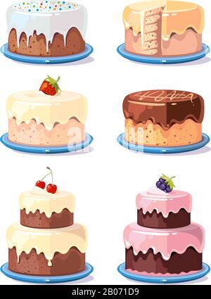 Cream cake tasty cakes vector set in cartoon style. Birthday cake with chocolate and fruits illustration Stock Vector