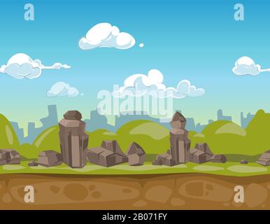 Seamless cartoon park landscape rocky valley for ui game. Vector illustration Stock Vector