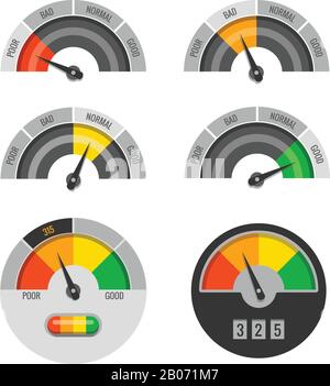 Credit score indicators vector set. Pointer rating finance indication illustration Stock Vector