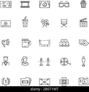 Cinema, movie, film, 3d television vector thin line icons. Concept cinematography and video production illustration Stock Vector
