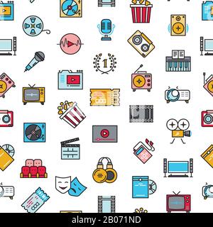 Entertainment, cinema, movie, film vector seamless pattern. Background with popcorn and multimedia devices illustration Stock Vector