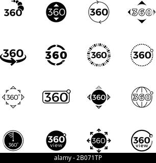 360 degrees angle view, rotate vector icons set. Rotate and turn panorama illustration Stock Vector