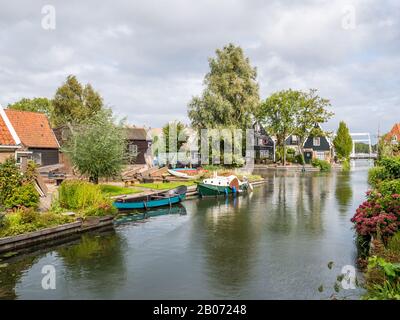 Old shipyard and houses along canal in Edam, Noord-Holland, Netherlands Stock Photo