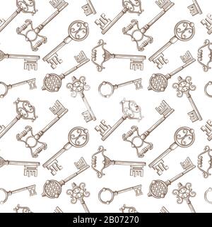 Vintage lock and key for door vector seamless pattern background. Antique and filigree metal keys illustration Stock Vector