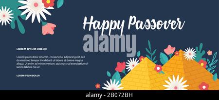 Jewish Passover holiday,Pesah celebration concept. Jewish banner with Egypt pyramids as a sign for Jew exodus from Egypt and spring flowers. vector Stock Vector