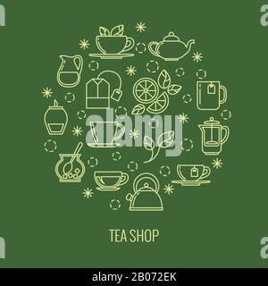 Green tea outline icons in circle design. trendy thin line logo for tea shop. Brew herbal tea, vector illustration Stock Vector