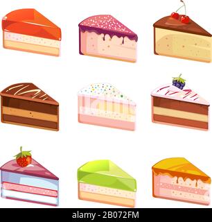 Sweet delicious cake slices pieces vector icons. Dessert of piece, snack with chocolate cream illustration Stock Vector