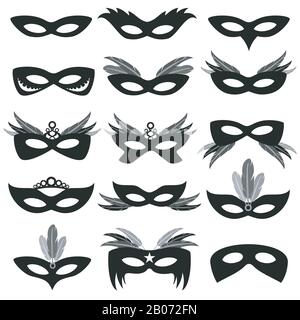 Black carnival party face masks isolated on white vector. Set of mask for theater and carnival illustration Stock Vector