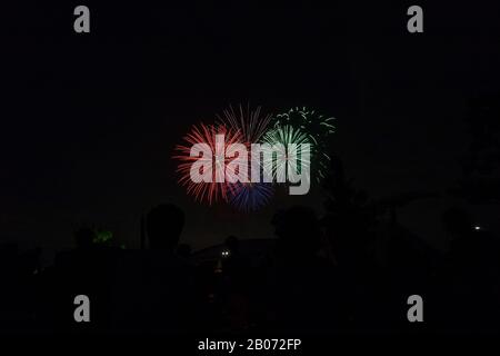 Colorful firework show on summer in Japan.,Hanabi matsuri Stock Photo