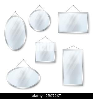 Vector hanging mirrors square round and oval isolated on white background illustration Stock Vector