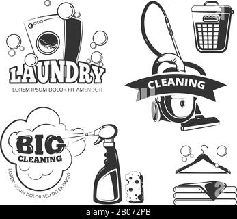 Retro cleaning and laundry services labels, emblems, logos, badges set. Clean and wash, basket and sponge, vector illustration Stock Vector