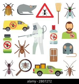 Home pest control service flat vector icons set. Protection from bug and cockroach illustration Stock Vector