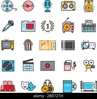 Multimedia sound audio music radio video thin line vector icons with flat elements. Media player and cinema, movie and headphone illustration Stock Vector
