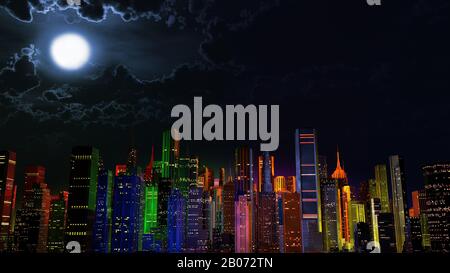 Modern City Lit by Colorful Light Effects at Night 3D Illustration. Concept to any big modern city with the New Year's Eve vivid atmosphere. Stock Photo