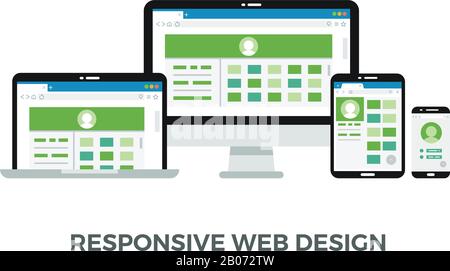 Responsive web design vector concept. website page on screens of desktop computer mobile laptop tablet pc computer and smartphone illustration Stock Vector