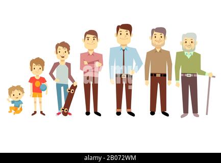 Men generation at different ages from infant baby to senior old man vector illustration. Teenager and young man, process aging Stock Vector