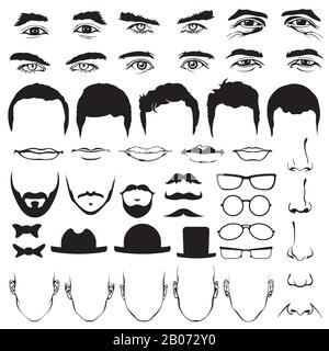 Man face eyes and noses, mustaches and glasses, hats and lips, ties and beards. Man head vector illustration elements Stock Vector