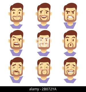 Bearded hipster man character emotions, bearded male heads set. Hipster with beard sad or happy, vector illustration Stock Vector