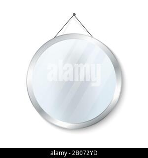 Round mirror with steel frame vector illustration. Glossy circle mirror isolated on white background Stock Vector