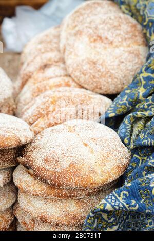 Typical traditional Moroccan flatbread  on street food stall, Marrakesh, Morocco Stock Photo